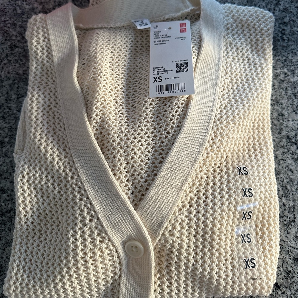 UNIQLO Mesh Short Cardigan Long Sleeve XS (US XS) Off-White Cotton Ladies New